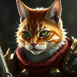 cat king, ginger hair, one eye, intricate details, detailed face, detailed armour, artstation, epic pose, ambient light, concept art, by masanori warugai