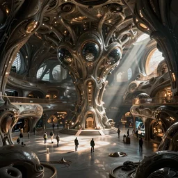 interior of an alien museum by greg rutowtski and victo ngai, concept art, intricate detailed, dramatic light, hyper realistic unreal engine, wide angle