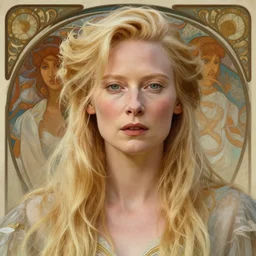 young adult tilda swinton as lucifer morningstar, ornate long blond hair, natural lighting, path traced, highly detailed, high quality, digital painting, by gaston bussiere, craig mullins, alphonse mucha j. c. leyendecker