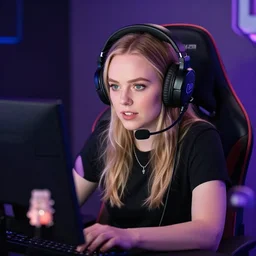 Jodie Whittaker as a Twitch streamer, wearing a gaming headset, webcam screenshot