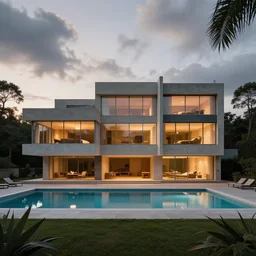 a luxurious house, brutalist architecture, ( le corbusier ), glass windows, glowing lights, trees, swimming pool, daytime, cloudy sky, sunset, epic lighting, subtle colors, concept art, detailed illustration, centered, hd, 4 k, photorealistic, digital art, greg rutkowski, dan mumford, ruan jia, trending on artstation