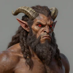 matte rough painting of goliath, braided hair and beard. Brown skin. Red eyes. Elf ears, horns Portrait. Craig mullins. Orc teeth. ArtStation, CGSociety, Unreal Engine