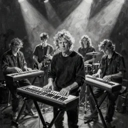 8 0's synthesizer band, anton corbijn, black white, atmospheric lighting. highly detailed painting by greg rutkowski.