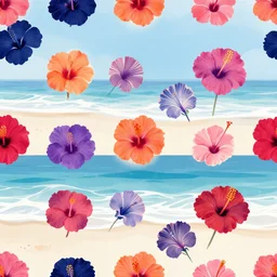 beach ocean seashore hibiscus, repeating, seamless, tileable, colors are very dark navy blue on raspberry on orange on electric purple on red, rebecca alred, melissa sixma, ingrid johnson, paige spearin, avantika subramanian, deepak yadav, abbey holden, erin stein