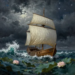 a real photographic landscape painting with incomparable reality, super wide, ominous sky, sailing boat, wooden boat, lotus, huge waves, starry night, harry potter, volumetric lighting, clearing, realistic, art by james gurney, artstation - h 1 0 2 4