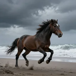 an eight legged horse galloping across a beach, wide angle shot, Sleipner, wild, angry, stormy, hardcore, artist John Kinkade