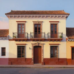beautiful painting of colombian houses and storefront without characters, colonial architecture, intricate and smooth colors, front view, trending in artstation, colorful octane render, dawn light, art style by michal sawtyruk