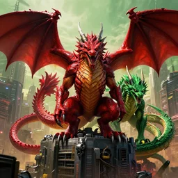 red dragon and green dragon in cyberpunk city, ultra detailed, trending on artstation, concept art, octane render, unreal engine,