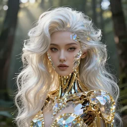 beautiful face, crystal, platinum, gold, biomechanoid with incredible iridescent pearlescent voluminous fiberoptic hair, crystalline masterpiece implants, hyperdetailed face, elegant pose, movie still, intricate, octane render, cinematic forest lighting, unreal engine, crepuscular rays, god rays.