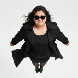 thick chubby filipina superhero, long black trench coat, sunglasses, sly grin, fully clothed, exaggerated perspective, flying toward camera, beautiful detailed face, electric blue hair, action pose, comic book style, highly detailed, dynamic shadows, dynamic lighting, geoff johns, jason fabok, jason fabok, brad anderson, splash art