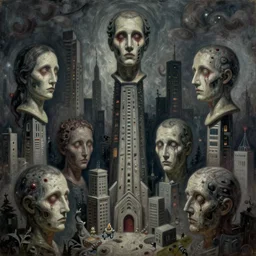 highly detailed horror dystopian surreal painting of eerie head statues and buildings by zdzisław beksinski, creepy, atmospheric, unsettling