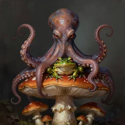 cthulhu octopus frog sitting on mushroom and toadstool, highly detailed, digital painting, concept art, sharp focus, illustration, masterpiece, matte painting, glorious, unsettling, by lovecraft and greg rutkowski, luis royo and wayne barlowe, artstation