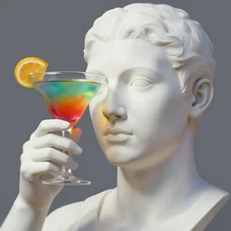 close - up of white marble human head holding a coctail, colorful coctail, digital painting, 3 d render, above the waist