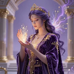 the ethereal goddess of technology bestows the gift of circuits to humanity. immaculate matte painting. fantastic. velvet, purple, and gold. high key studio lighting. fractal dreams. ancient greece, trending on artstation, cgsociety, ps 5, uhd 8 k cryengine