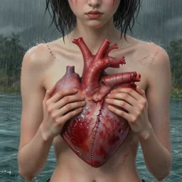 masterpiece, darling, seams stitched tightly, scars will remain, scrape them, wash off in the rain, river, complaints, heart, by ferdinand knab, surreal, digital art, highly detailed, artstation