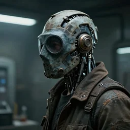 a half - masked rugged laboratory engineer man with cybernetic enhancements as seen from a distance, scifi character portrait by esuthio, daytoner, greg rutkowski 1 / 4 headshot, cinematic lighting, dystopian scifi gear, gloomy, profile picture, mechanical, cyborg, half robot, implants, dieselpunk