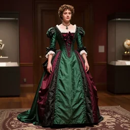 the film still photographed image is of a beautiful, antique dress that would have been worn to an opera performance in the early 1 9 0 0 s. the dress is green with accents of garnet, black, and maroon, and it is clear that the designer was inspired by the planet pluto. the dress is currently on display in a museum. vibrant cinematography, anamorphic lenses, upscale, hyper