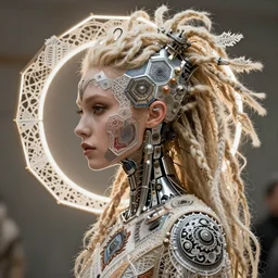 astonishingly beautiful young angelic biomechanical female blonde dread cyborg, side profile face, rim light, geometrical octagonal fine foliage lace, alexander mcqueen, art nouveau fashion embroidered, futuristic android jones style steampunk, hyper futuristc trippy i hippie, punk, fine craftsmanship, intricate silver filigree details, hexagonal mesh wire, mandelbrot fractal mandala twine, lsd, dmt, alex grey, giger, hyper real, photo realistic