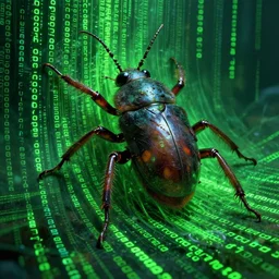 a terrifying giant bug emerging from strands of neon green computer code text, matrix, hyperrealistic, digital painting, 8 k, artstation, very detailed