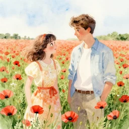 manon and gregoire in a poppy field, watercolor