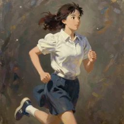 portrait of an augmented taiwanese woman running, an oil painting by ross tran and thomas kincade, studio ghibli