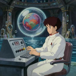 hyperrealist, studio ghibli dull colors painting from close encounters of the third kind 1 9 7 7 of a warped scientist using a control console for a beautiful sphere in a bubble in a flooded temple.