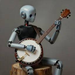 banjo - playing robot, playing a deering banjo, sitting on a stump, high detail, hyper realistic, painting by rene magritte, trending on artstation