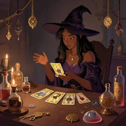 a young black haired witch performing a tarot card fortune telling in her room full of elixirs, magical talismans and charms, illustration in the style of kaye waldberg and matthew lyrett and maria garcia garta, artstation, pixiv, smooth curves and sharp edges, gorgeous lighting,