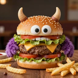 a monster made of a hamburger and french fries