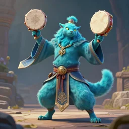cyan spirit axie pet dances holding shaman tambourine like shaman, fantasy, style artstation, style greg rutkowsk, octane render, unreal engine 6, epic game graphics, fantasy, conceptual art, ray tracing