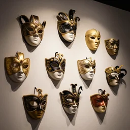 a collection of a masquerade masks hanging on a wall by artgerm, dramatic lighting, highly detailed, trending on artstation