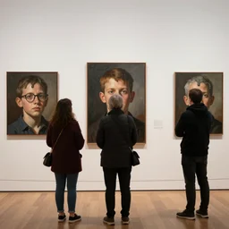 people in an art gallery, stood in front of canvases, their faces melting into the walls, photorealistic, high definition, 3 5 mm lens w 1 0 2 4 h 7 6 8