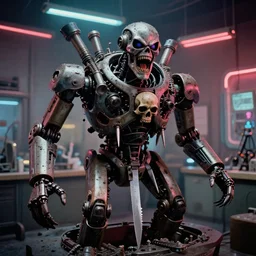 movie still 3 5 mm film photograph a screaming and angry dangerous shape mechanical creature, with multiple sharp, leaking pistons, robot skulls and blades protruding from its lower torso inside of a 1 9 7 0 s science lab, neon lights, dirty, ektachrome photograph, volumetric lighting, f 8 aperture, cinematic eastman 5 3 8 4 film