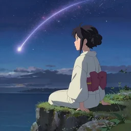an anime girl wearing a kimono sitting on a cliff looking towards a meteor flying overhead, in the style of makoto shinkai