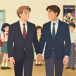 portrait of Mads Mikkelsen and Hugh Dancy holding hands romantically as they chaperone school dance by Michael Whelan, Bob Larkin and Tomer Hanuka, simple illustration, domestic, nostalgic, clean, full of details, by Makoto Shinkai and thomas kinkade, Matte painting, trending on artstation and unreal engine, New Yorker magazine cover, 1980s romance book cover, 1990s horror book cover