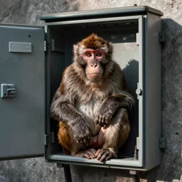 Huge macaque locked in fuse box