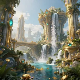 by johan grenier and jedd chevrier, visually stunning, cinematic, ultra realistic, hyper realism, 1 2 k, epic, octane render, unreal engine, vfx, maya, lush utopian galactic civilization, highly detailed temples made of gemstones and gold, lush waterfalls, gold relics