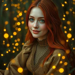 young woman, serene smile, surrounded by golden firefly lights, sitting amidst nature fully covered by a intricate detailed dress, long red hair, precise linework, accurate green eyes, small nose with freckles, beautiful smooth oval shape face, empathic, expressive emotions, dramatic lights spiritual scene, hyper realistic ultrafine art by artemisia gentileschi, jessica rossier, boris vallejo