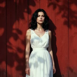 a beautiful young woman in the shadow of a red barn!. black hair, white!! dress!, sharp focus, digital art by andrei riabovitchev, cinematic lighting, intricate detail, dreamlike, high contrasts
