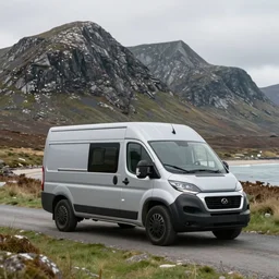 hyper detailed advertising photograph of a futuristic campervan on the Isle of Harris, Scotland, large format camera, photorealistic, 8K, rocky, mountains, grass, beaches