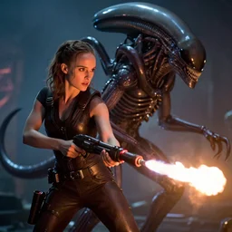 a young natalie portman starring as ellen ripley in the alien movie, she's holding a flame thrower and is fighting the queen xenomorph, photo, movie, cinematic lighting