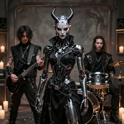 cyberpunk black metal band, 3 - piece, guitarists, bassist, drummer, vocalist, all black cyberpunk clothes, robotic prosthetic limbs, dermal implants, detailed faces, cyborg satan, futuristic, realistic, promo photograph, epk, room full of candles, high quality photograph, highly detailed