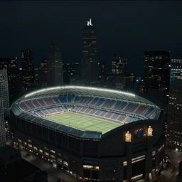 art deco sports stadium on top of a skyscraper, Stacked city, Chicago, dark city, olympics event 1930's, moody lighting, cinematic, Road to Perdition stillframe