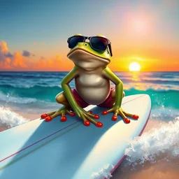 a frog on a surfboard, wearing red board - shorts and sunglasses, realistic, sunset, beach, lens flare, digital painting