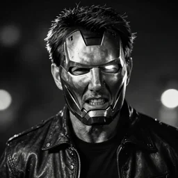 Tom cruise wearing partial broken ironman mask only in pain and anger deep dark backlit night technoir cinematic monochromatic portrait photo by Leica Zeiss in detailed depth of field lens flare trending on Flickr realistic hd by frank Miller