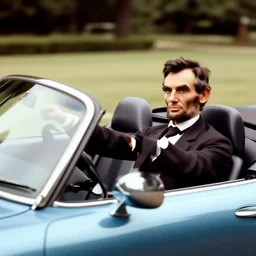 old photo of Abraham Lincoln driving a convertible miata