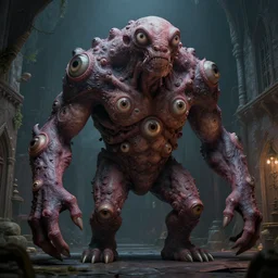 huge mutated humanoid, eyes all over the body, trending on artstation, artstationhd, artstationhq, octane render, dark environment, medieval street