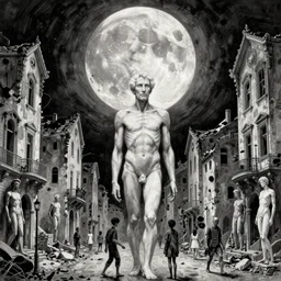 old white - headed man under the huge moon on a street of ruined city by beksinski and takato yamamoto and austin osman spare and edward hopper and mark ryden and tsutomu nihei, very coherent, baroque elements, perfect anatomy, intricate design