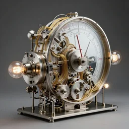 a 1 9 6 0 s futuristic measurement device, intricate mechnical details, made of clean steal, mirrors and light bulbs, complex wiring with golden strings, measurement needle display, studio lighting, complex machinery, museum piece, historical, unknown origin and function, incredible lighting and atmosphere