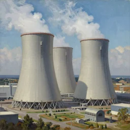 highly detailed scene, artstation style, artstation form, A nuclear power plant in utopia by Simon Stålenhag and Grant Wood, oil on canvas